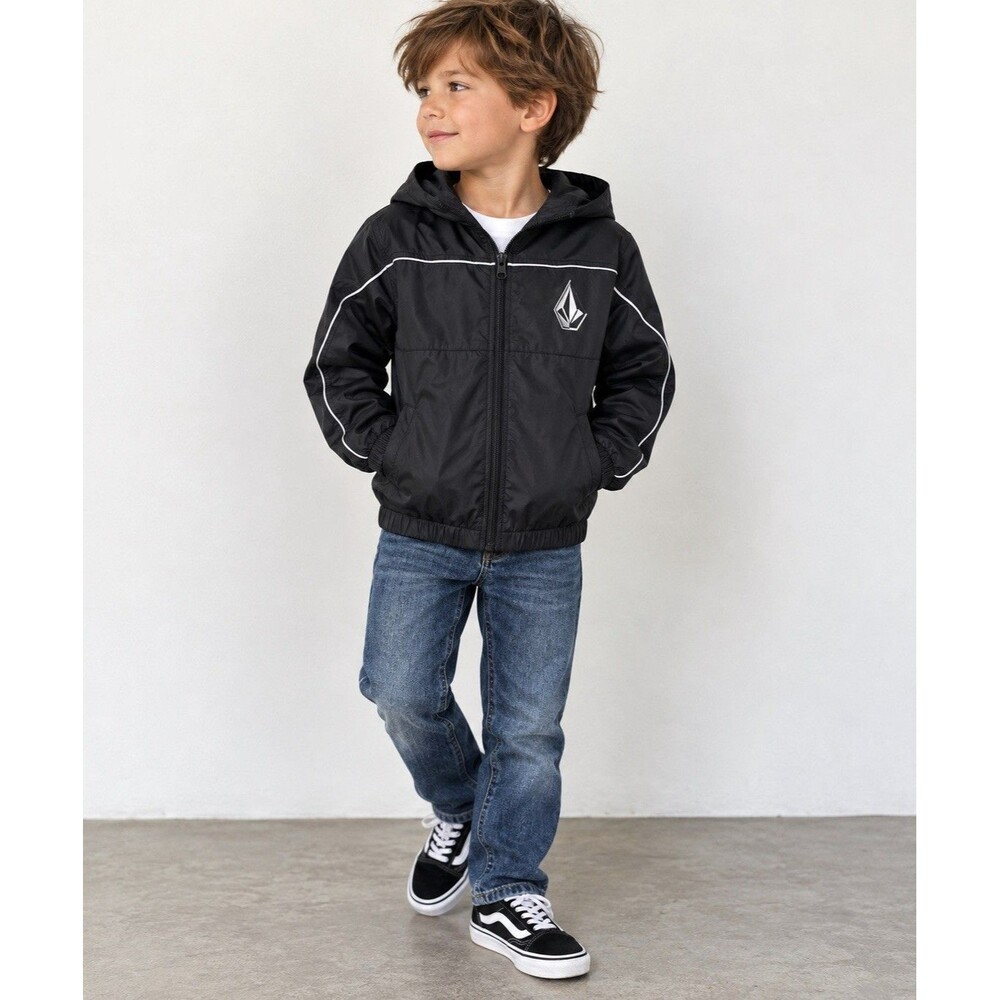 Volcom Boys Windbreaker Jacket Black Hooded Lightweight Skate Size 6